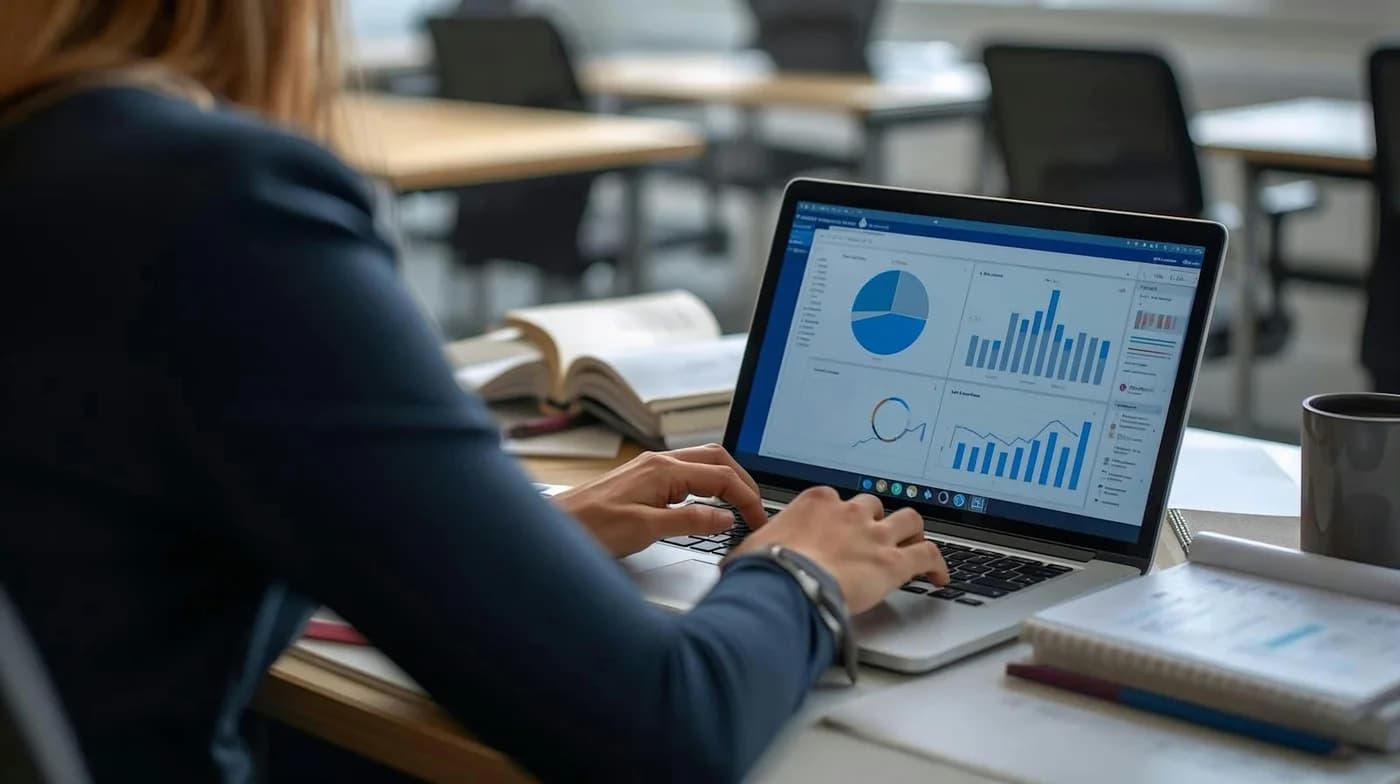 Administradora de propiedad horizontal revisando reportes financieros en su portátil